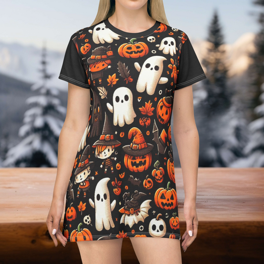 T-Shirt Dress (AOP), Vestido Camisero de Halloween con Estampado Integral, 100% Poliéster, Ligero y Sin Etiquetas,  Ropa Temática para Celebraciones