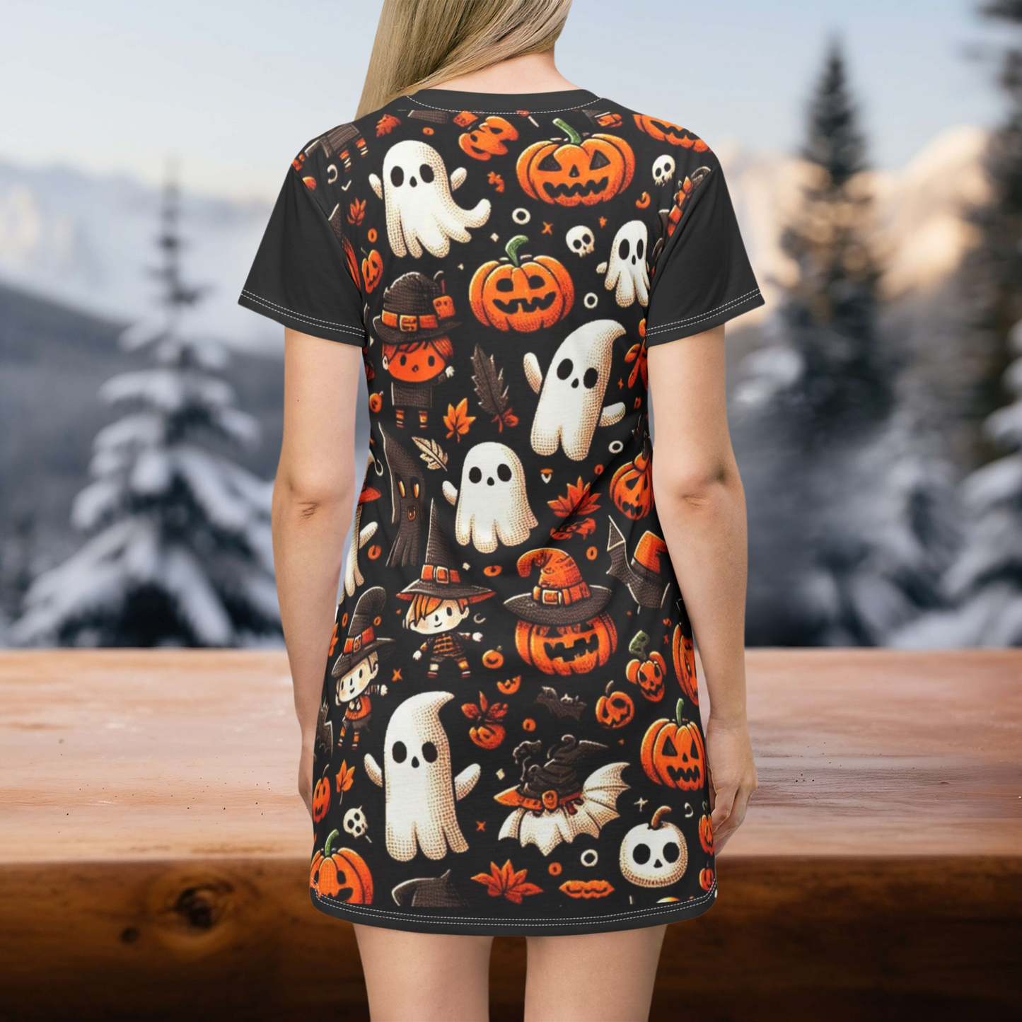 T-Shirt Dress (AOP), Vestido Camisero de Halloween con Estampado Integral, 100% Poliéster, Ligero y Sin Etiquetas,  Ropa Temática para Celebraciones