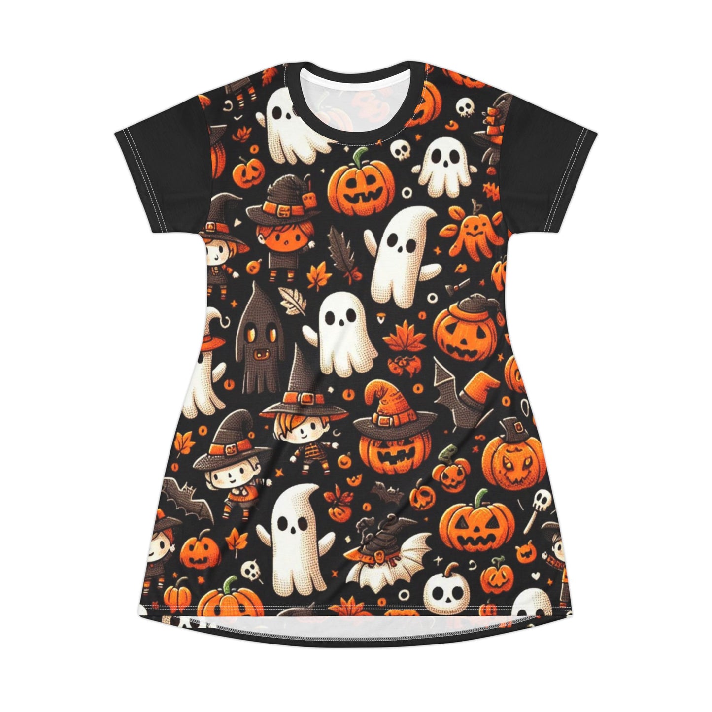 T-Shirt Dress (AOP), Vestido Camisero de Halloween con Estampado Integral, 100% Poliéster, Ligero y Sin Etiquetas,  Ropa Temática para Celebraciones