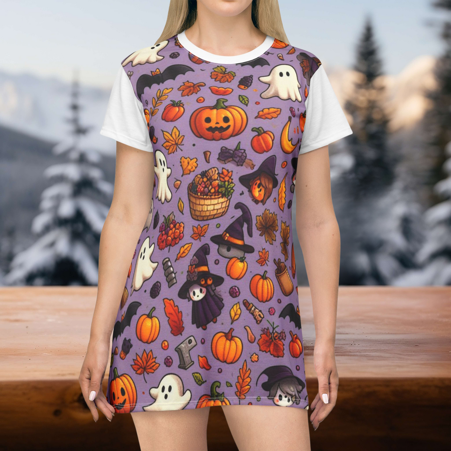 T-Shirt Dress (AOP), Vestido Camisero de Halloween con Estampado Integral, 100% Poliéster, Ligero y Sin Etiquetas,  Ropa Temática para Celebraciones