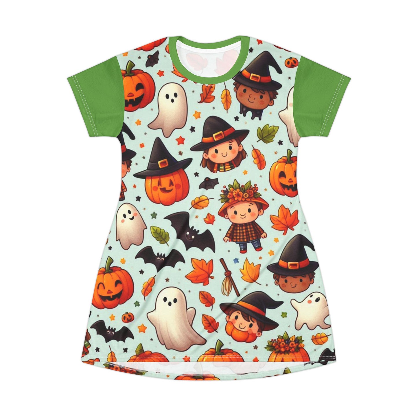 T-Shirt Dress (AOP), Vestido Camisero de Halloween con Estampado Integral, 100% Poliéster, Ligero y Sin Etiquetas,  Ropa Temática para Celebraciones