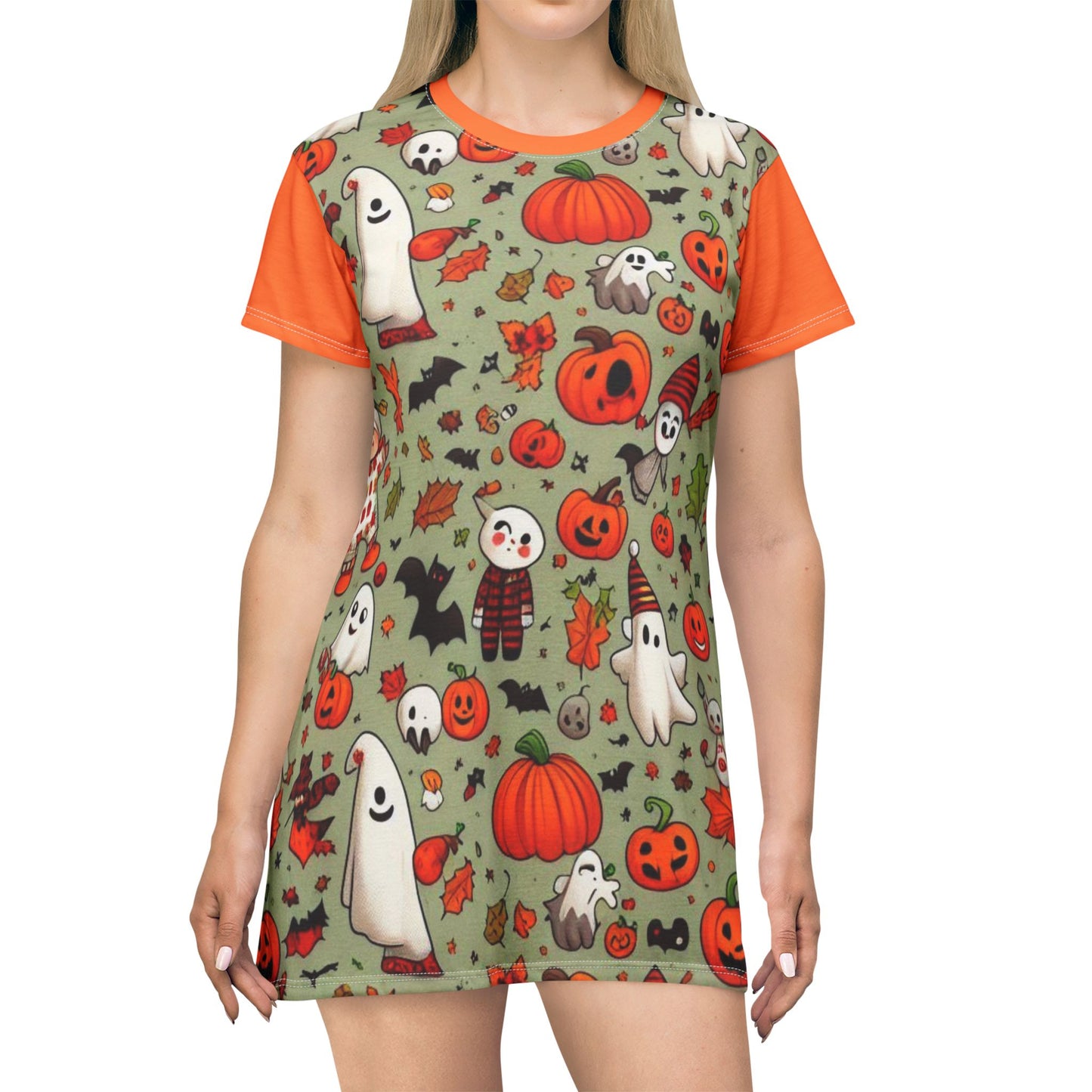 T-Shirt Dress (AOP), Vestido Camisero de Halloween con Estampado Integral, 100% Poliéster, Ligero y Sin Etiquetas,  Ropa Temática para Celebraciones