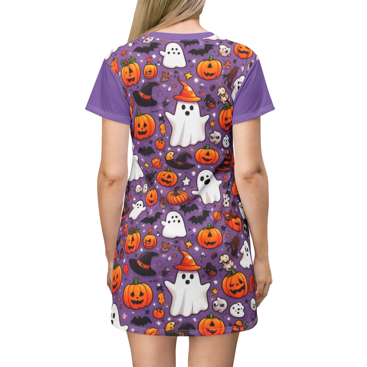 T-Shirt Dress (AOP), Vestido Camisero de Halloween con Estampado Integral, 100% Poliéster, Ligero y Sin Etiquetas,  Ropa Temática para Celebraciones