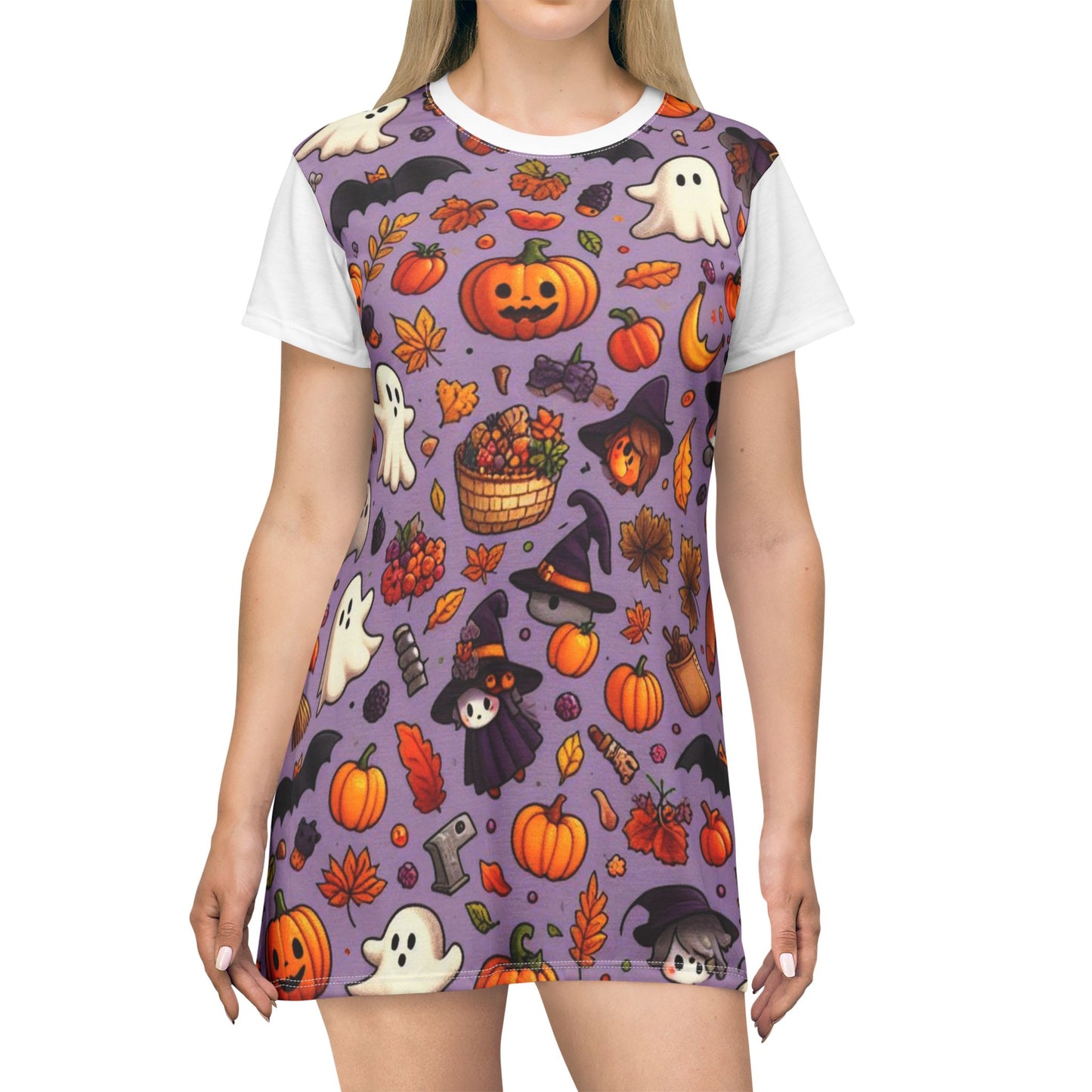 T-Shirt Dress (AOP), Vestido Camisero de Halloween con Estampado Integral, 100% Poliéster, Ligero y Sin Etiquetas,  Ropa Temática para Celebraciones