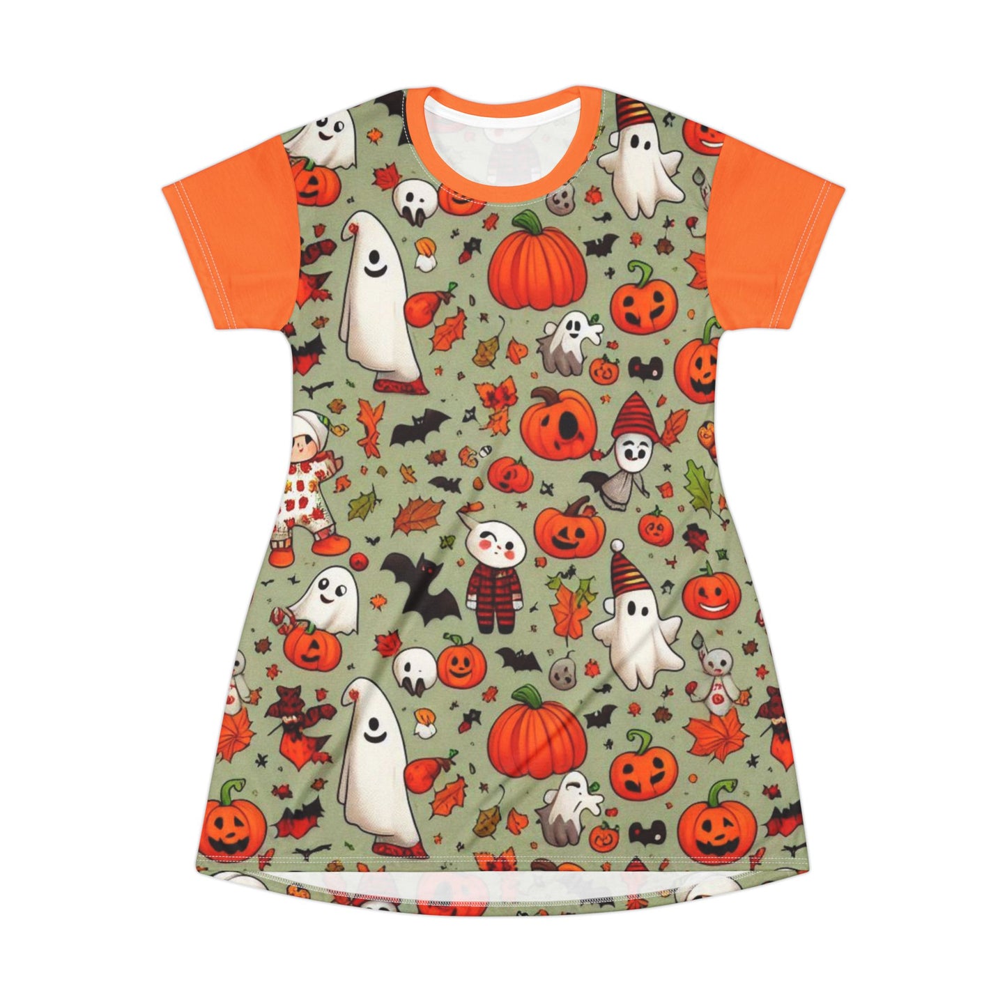 T-Shirt Dress (AOP), Vestido Camisero de Halloween con Estampado Integral, 100% Poliéster, Ligero y Sin Etiquetas,  Ropa Temática para Celebraciones