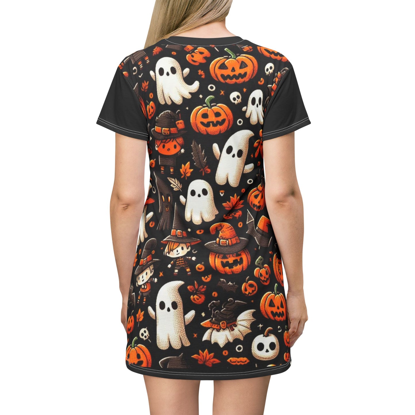 T-Shirt Dress (AOP), Vestido Camisero de Halloween con Estampado Integral, 100% Poliéster, Ligero y Sin Etiquetas,  Ropa Temática para Celebraciones