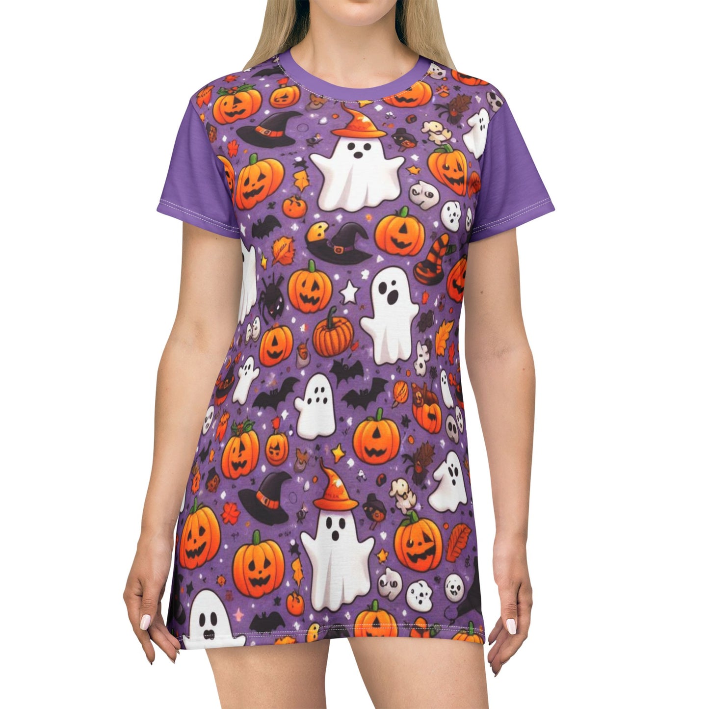 T-Shirt Dress (AOP), Vestido Camisero de Halloween con Estampado Integral, 100% Poliéster, Ligero y Sin Etiquetas,  Ropa Temática para Celebraciones