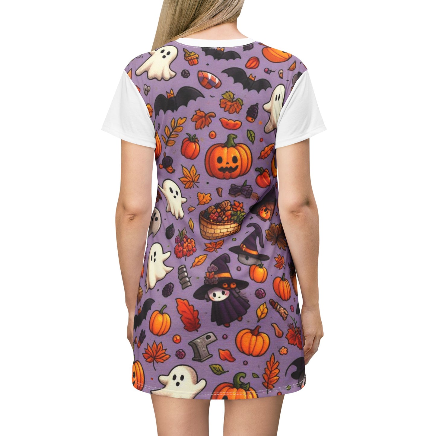 T-Shirt Dress (AOP), Vestido Camisero de Halloween con Estampado Integral, 100% Poliéster, Ligero y Sin Etiquetas,  Ropa Temática para Celebraciones