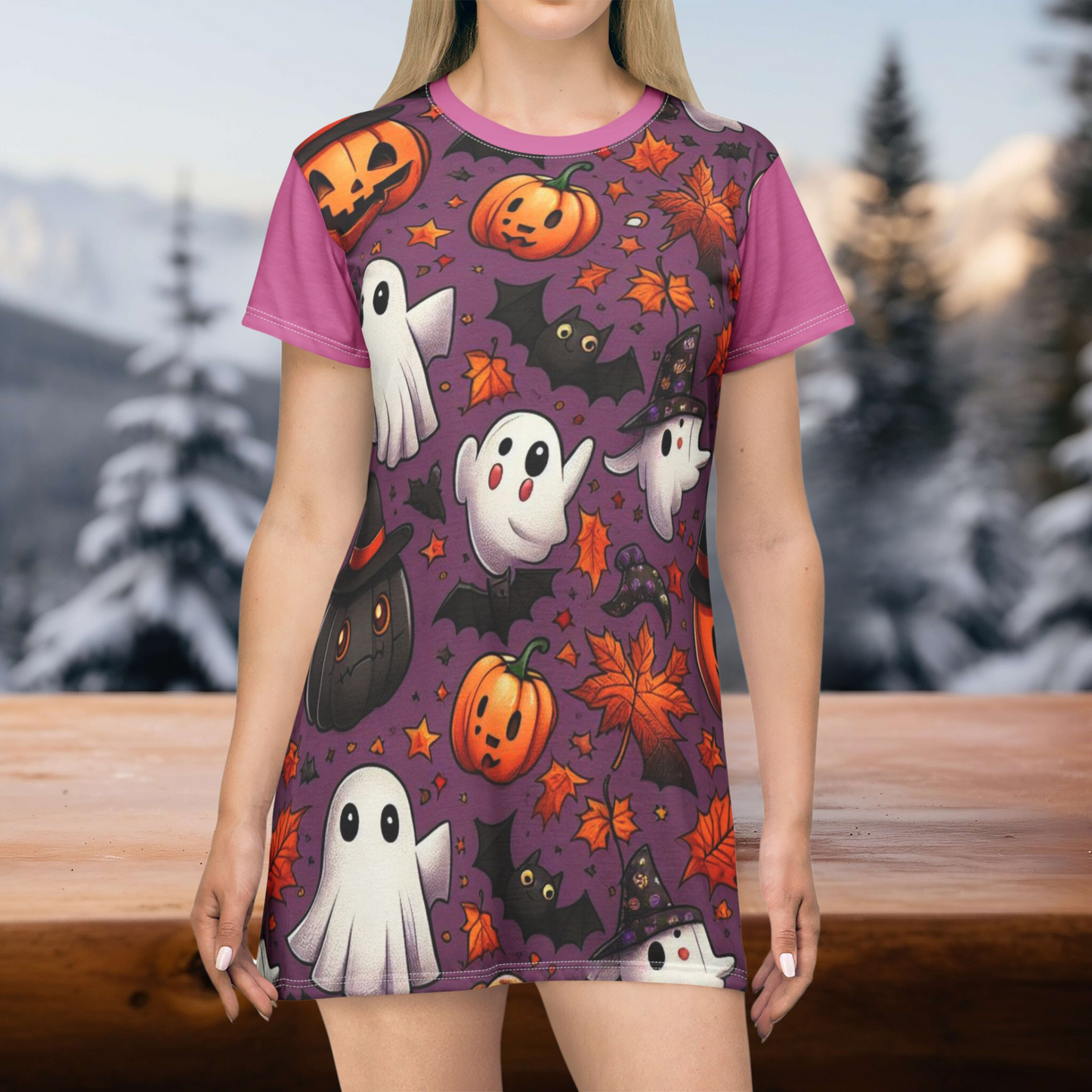 T-Shirt Dress (AOP), Vestido Camisero de Halloween con Estampado Integral, 100% Poliéster, Ligero y Sin Etiquetas,  Ropa Temática para Celebraciones