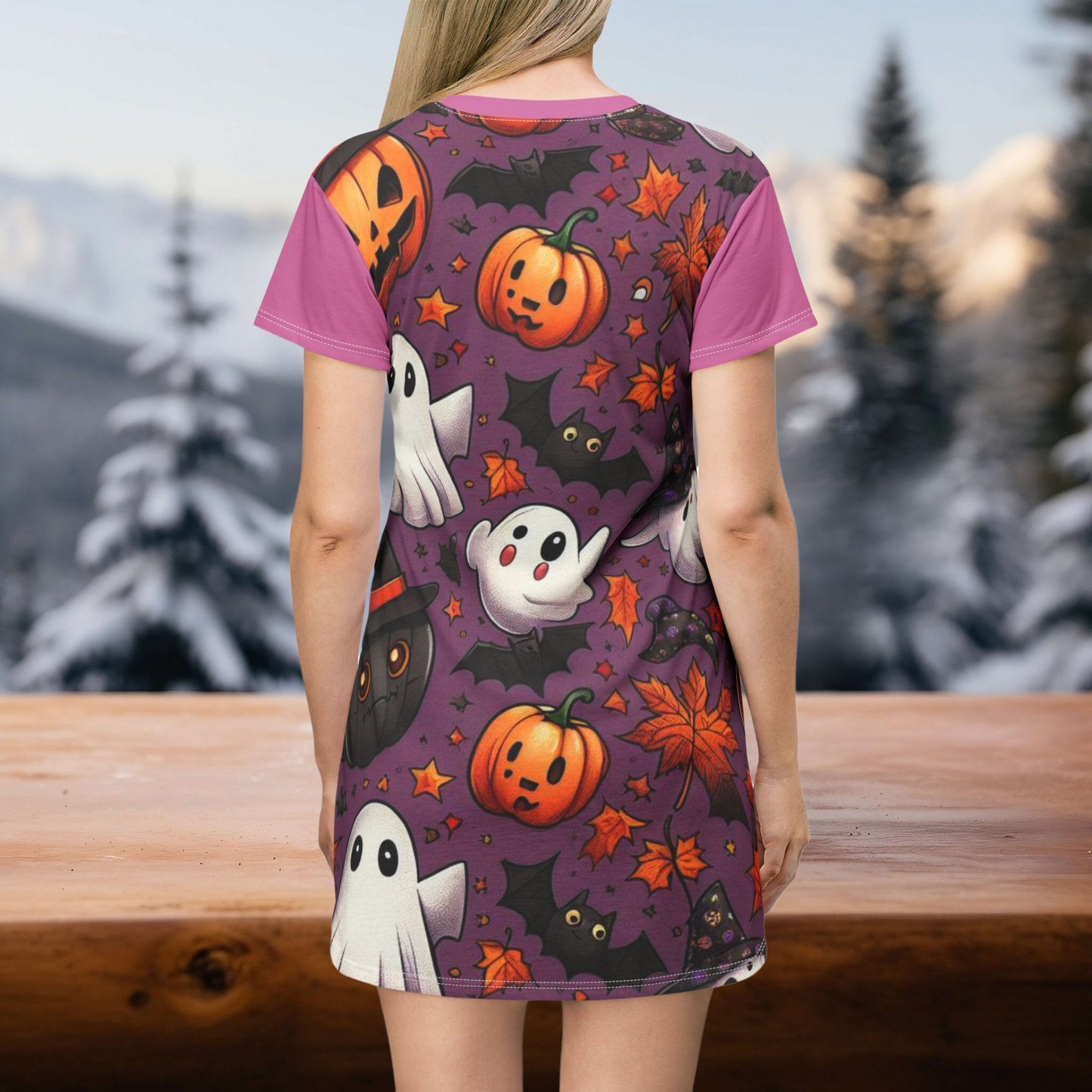 T-Shirt Dress (AOP), Vestido Camisero de Halloween con Estampado Integral, 100% Poliéster, Ligero y Sin Etiquetas,  Ropa Temática para Celebraciones