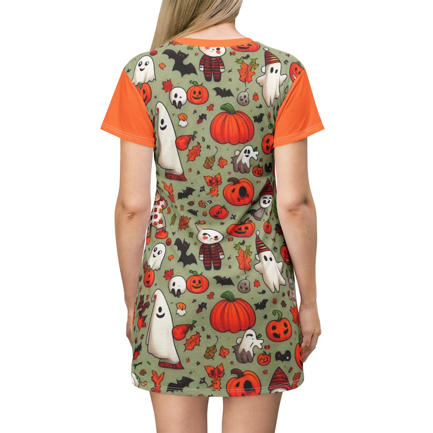 T-Shirt Dress (AOP), Vestido Camisero de Halloween con Estampado Integral, 100% Poliéster, Ligero y Sin Etiquetas,  Ropa Temática para Celebraciones