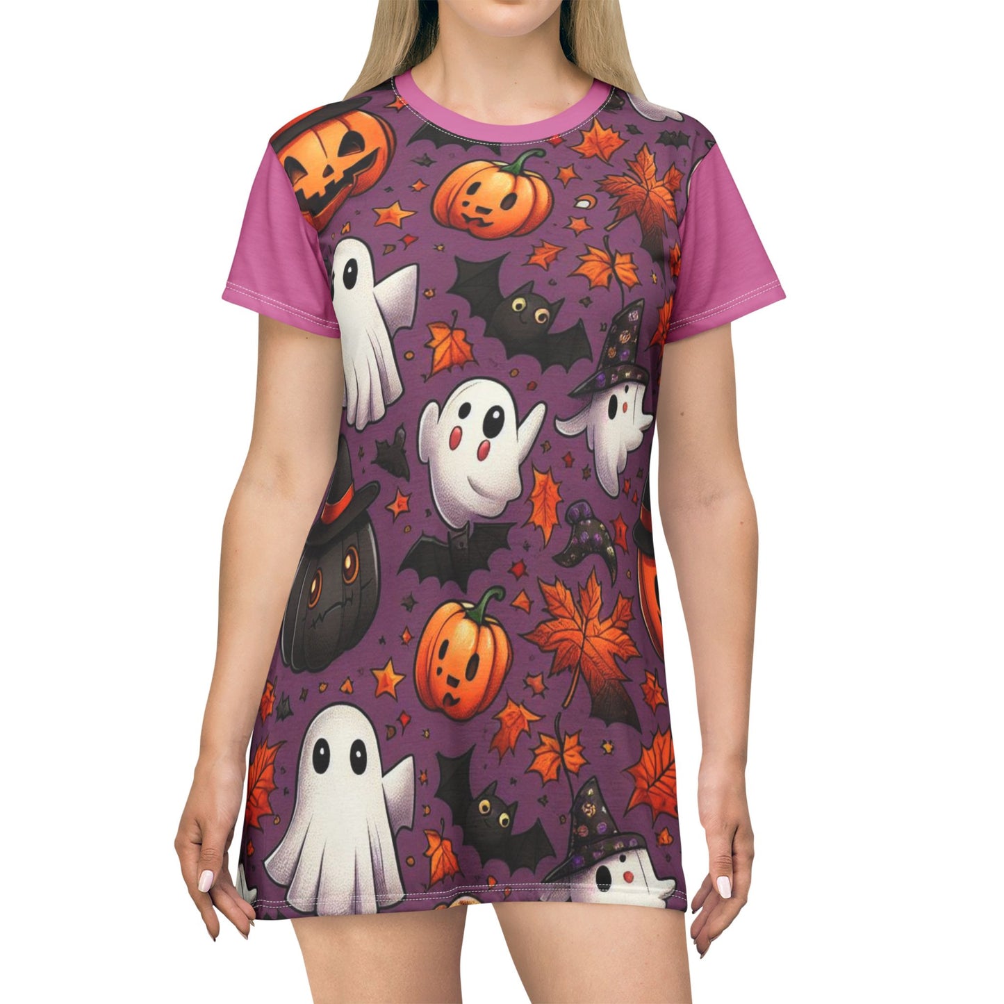 T-Shirt Dress (AOP), Vestido Camisero de Halloween con Estampado Integral, 100% Poliéster, Ligero y Sin Etiquetas,  Ropa Temática para Celebraciones