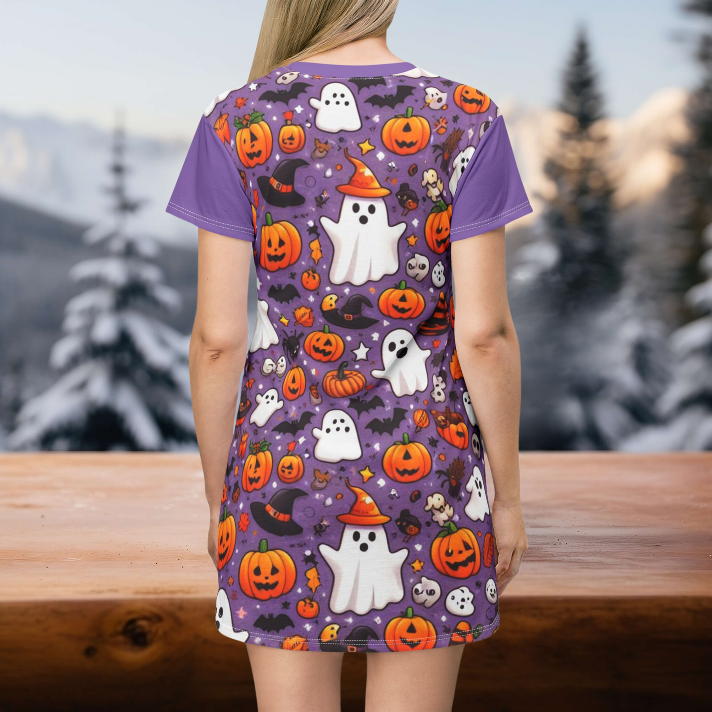 T-Shirt Dress (AOP), Vestido Camisero de Halloween con Estampado Integral, 100% Poliéster, Ligero y Sin Etiquetas,  Ropa Temática para Celebraciones