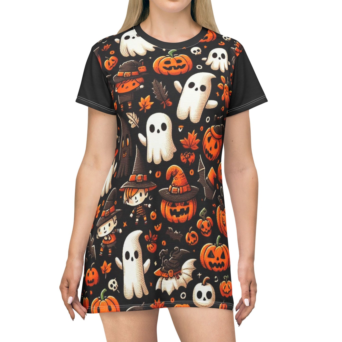 T-Shirt Dress (AOP), Vestido Camisero de Halloween con Estampado Integral, 100% Poliéster, Ligero y Sin Etiquetas,  Ropa Temática para Celebraciones